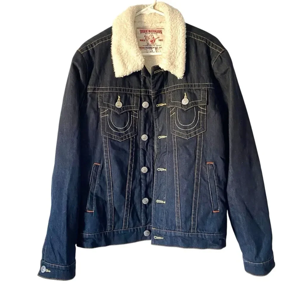 True Religion Dark Denim Blue Jean  Sherpa Trucker Jacket size large